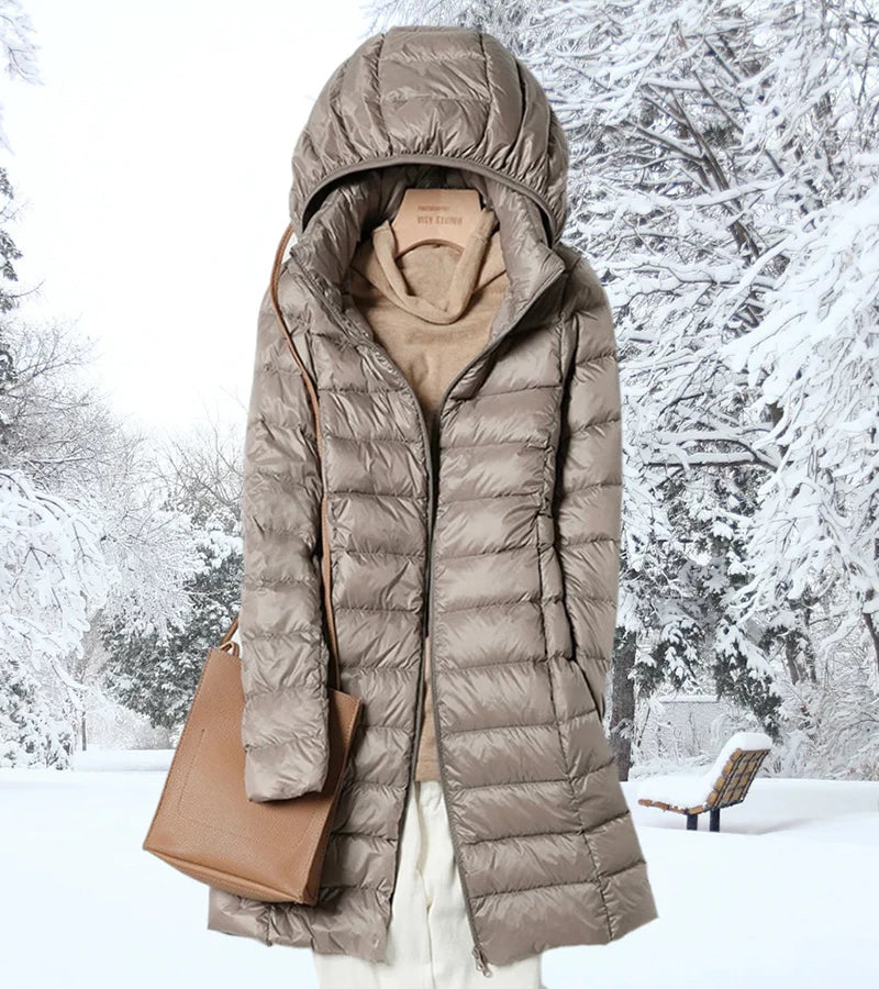 Faleen London | Ultra-Light Long Puffer Jacket with Hood