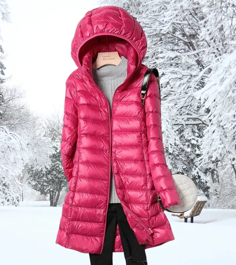 Faleen London | Ultra-Light Long Puffer Jacket with Hood