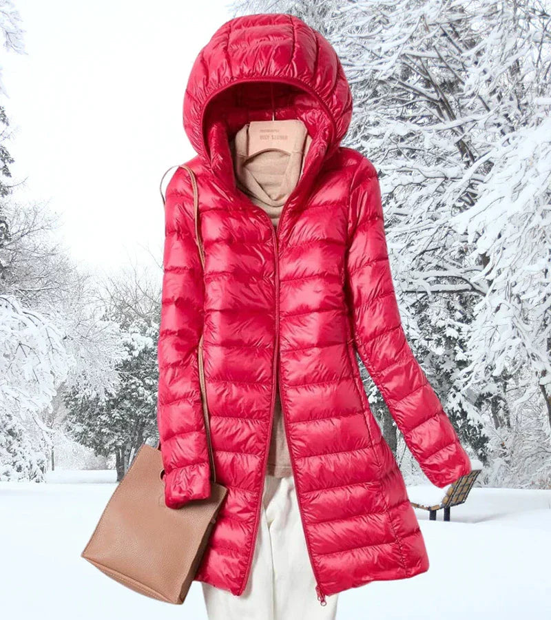 Faleen London | Ultra-Light Long Puffer Jacket with Hood