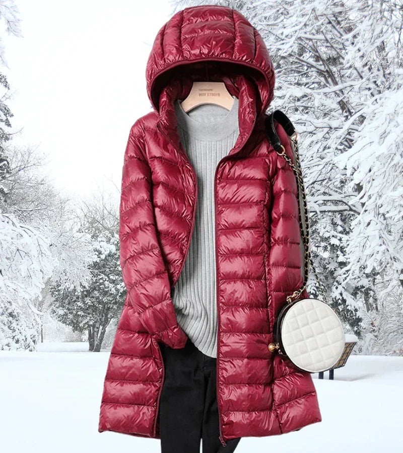 Faleen London | Ultra-Light Long Puffer Jacket with Hood