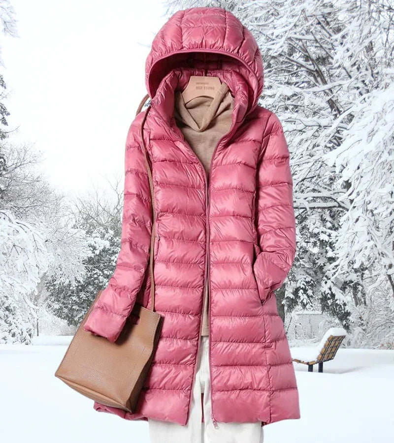 Faleen London | Ultra-Light Long Puffer Jacket with Hood