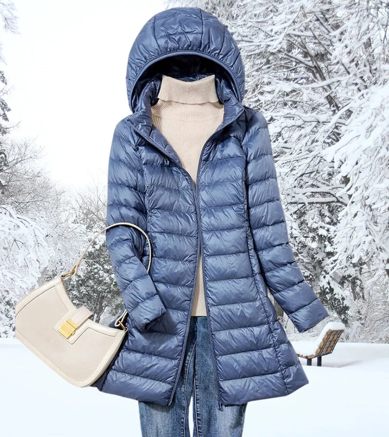 Faleen London | Ultra-Light Long Puffer Jacket with Hood