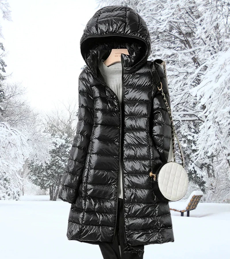 Faleen London | Ultra-Light Long Puffer Jacket with Hood